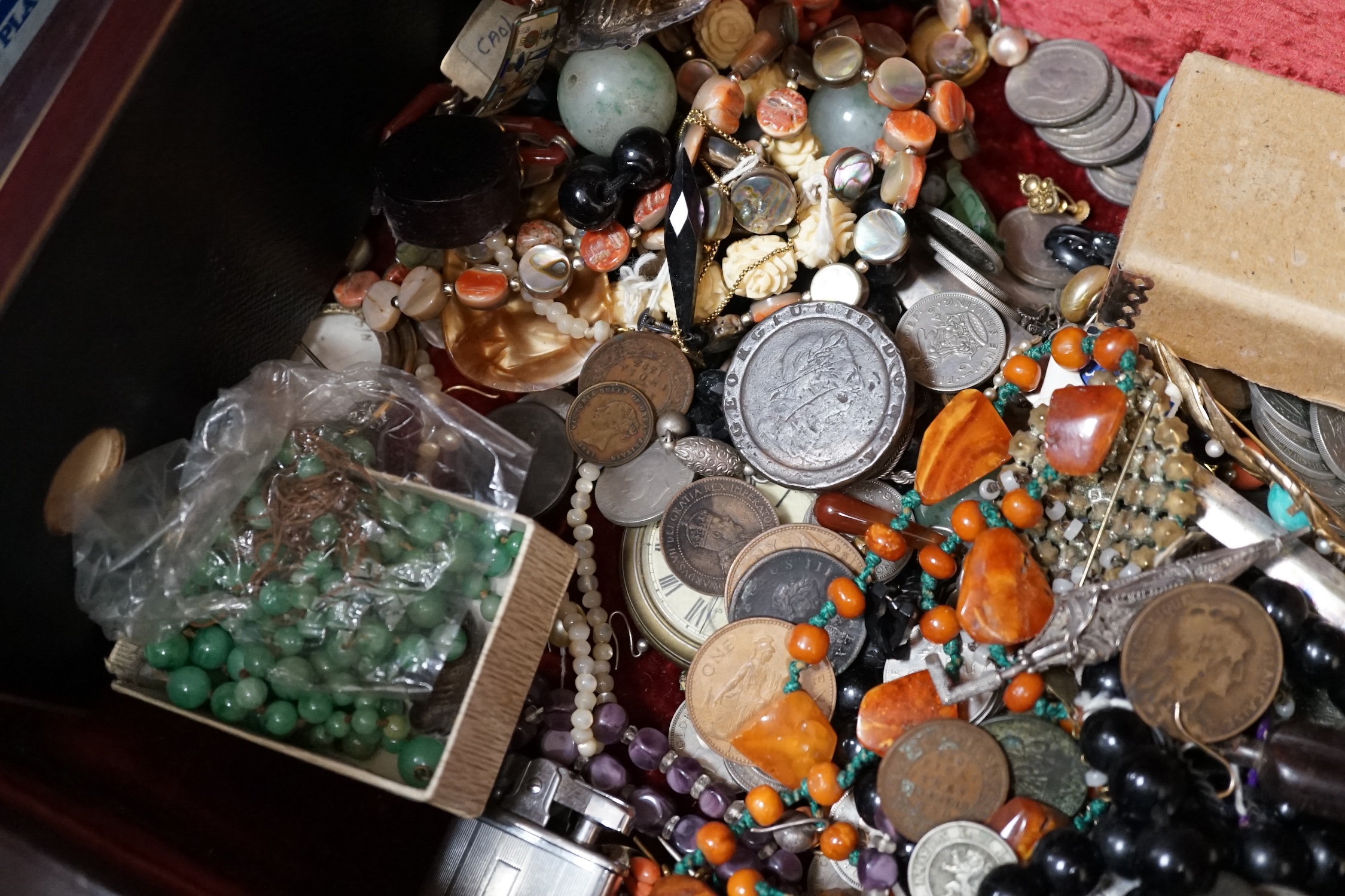 A large quantity of assorted Victorian and later mainly costume jewellery, including necklaces, watches, coins etc. Condition - poor to fair to good